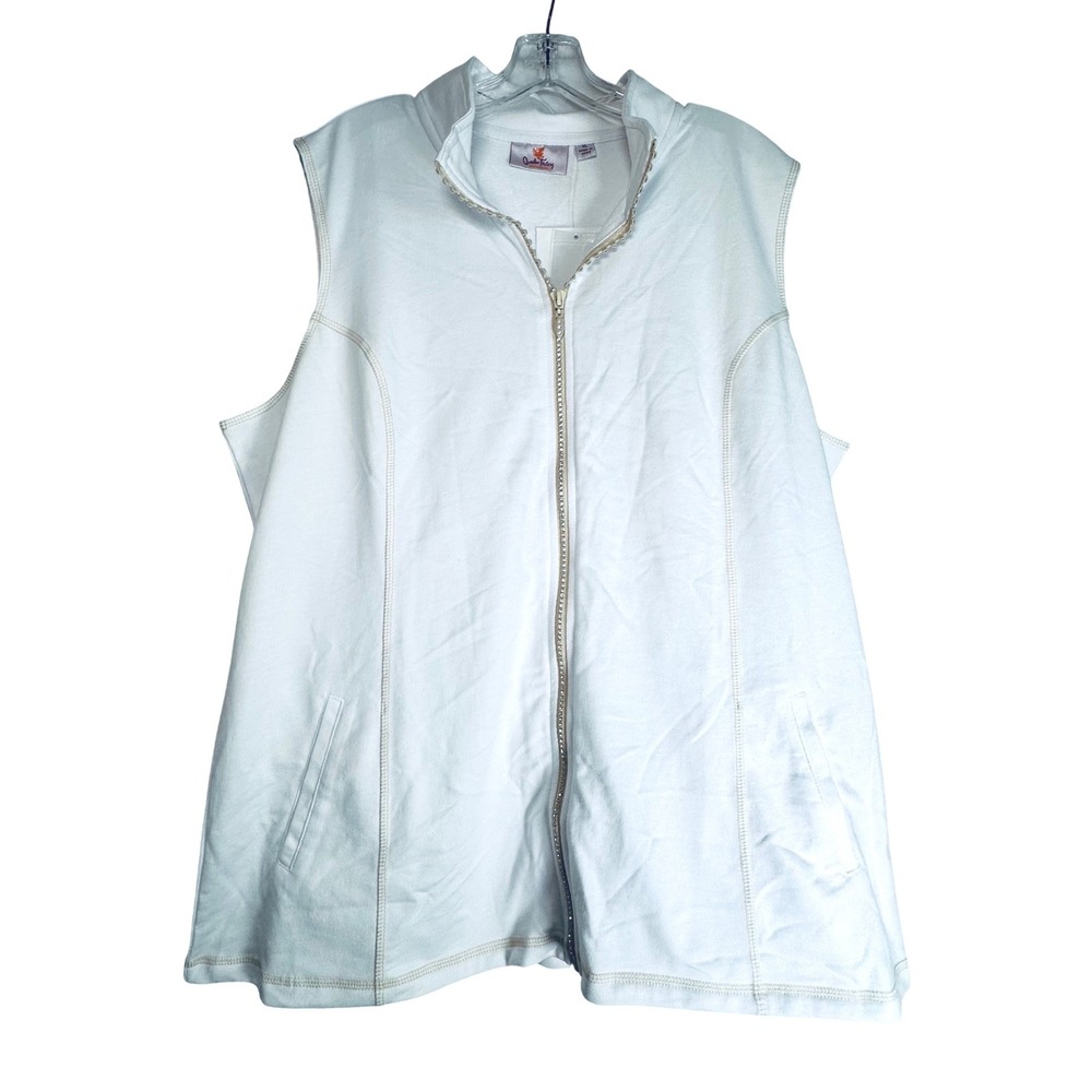 Quacker Factory White Rhinestone Zip Up Sleeveless Sweatshirt Vest XL
